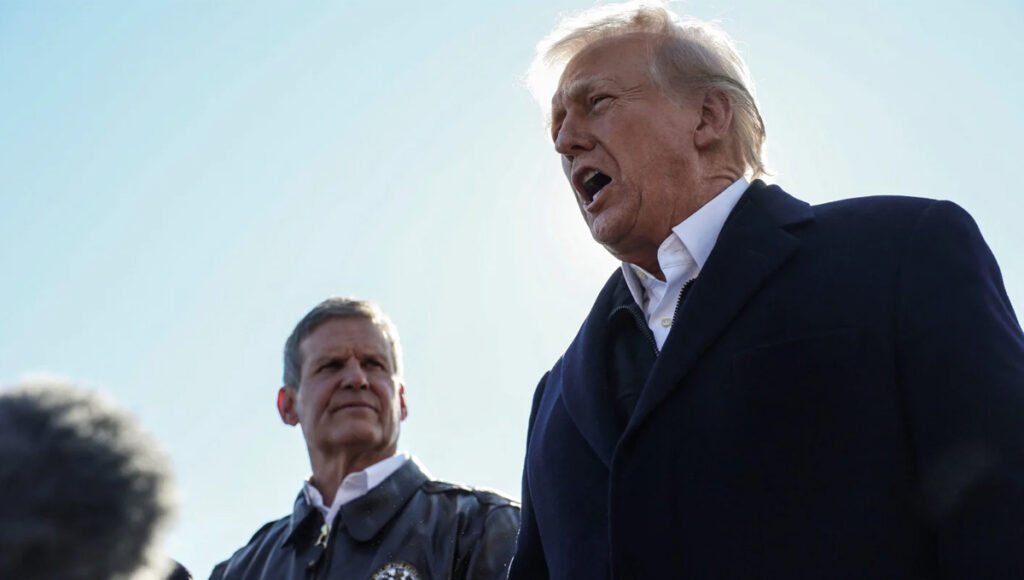 U.S. President Donald Trump, accompanied by Tennessee Governor Bill Lee, addressed the media upon their arrival at Asheville Regional Airport in Asheville, North Carolina, on January 24, 2025. The visit was part of their efforts to assess recovery progress and tour regions severely affected by Hurricane Helene. Credit: Leah Millis | Reuters